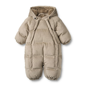 Puffer-Babyanzug Nallo in Grey Stone aus Cord mit Kapuze, Doppelreißverschluss und Reflektoren