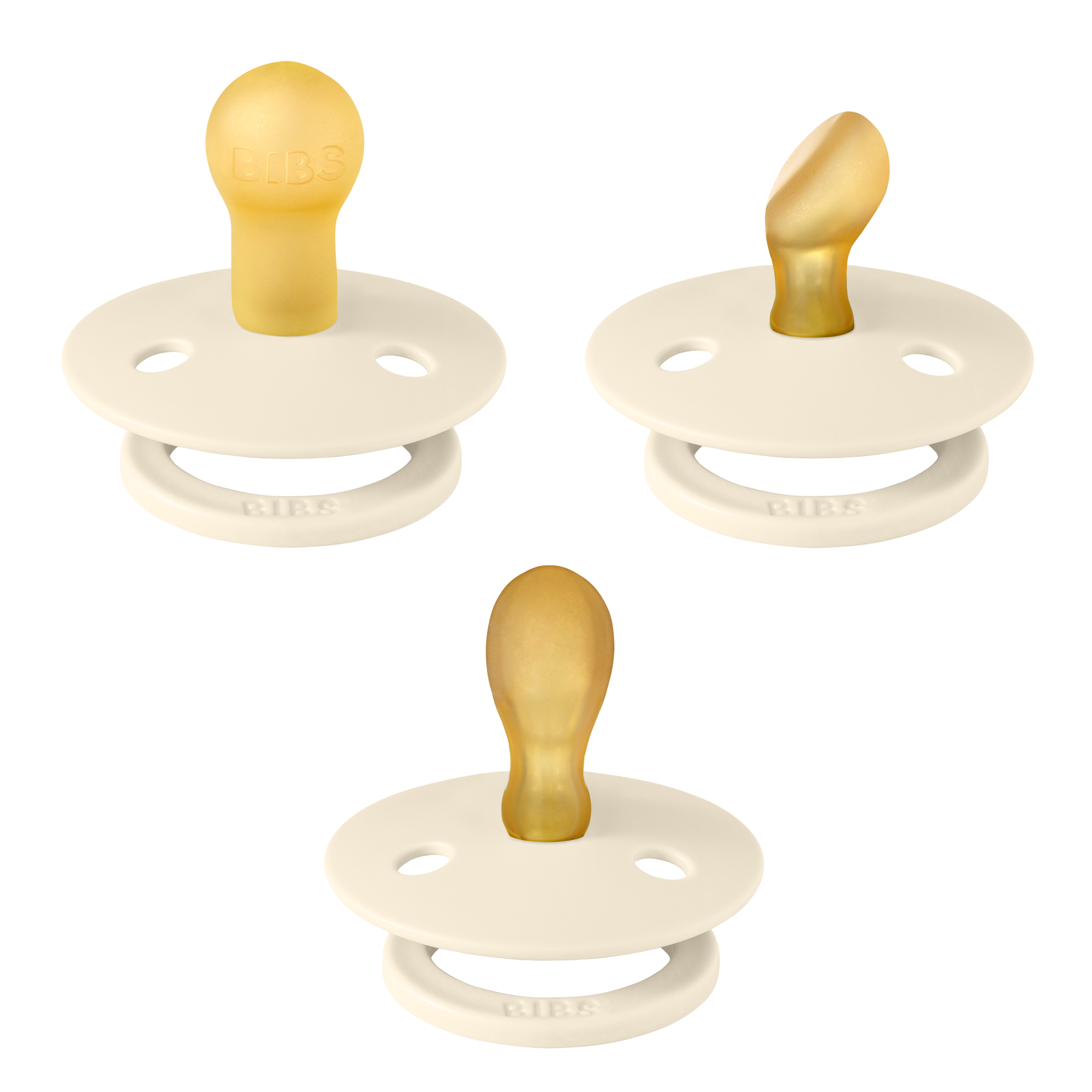 BIBS Try-It Colour 3er-Pack Ivory Schnuller Size 1 (0-6 Monate), Naturlatex, drei Nippelformen, BPA-frei, sanftes Schild-Design