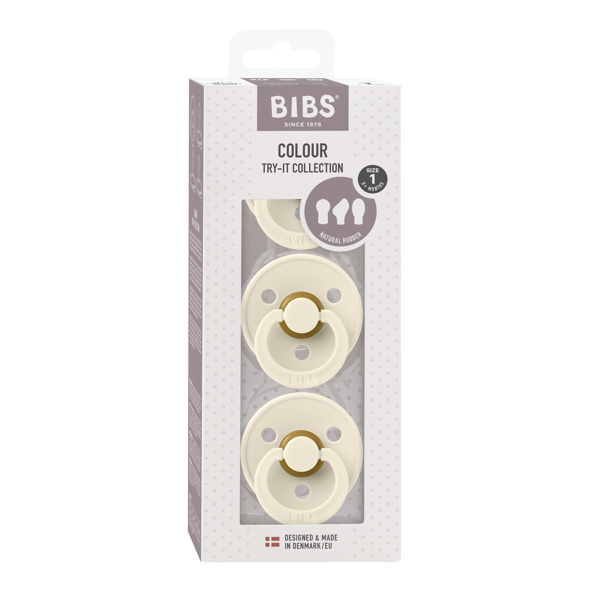 BIBS Try-It Colour 3er-Pack Ivory Schnuller Size 1 (0-6 Monate), Naturlatex, drei Nippelformen, BPA-frei, sanftes Schild-Design