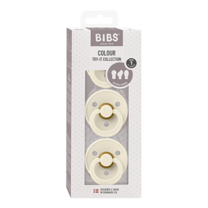 BIBS Try-It Colour 3er-Pack Ivory Schnuller Size 1 (0-6 Monate), Naturlatex, drei Nippelformen, BPA-frei, sanftes Schild-Design
