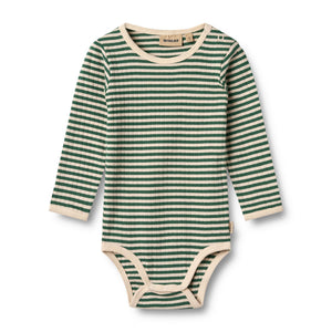 Gestreifter Langarm-Body Berti in Green Stripe aus 100% Bio-Baumwolle mit Druckknöpfen und Kontrastbündchen