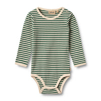 Gestreifter Langarm-Body Berti in Green Stripe aus 100% Bio-Baumwolle mit Druckknöpfen und Kontrastbündchen