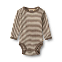 Wheat Merino Body "Lucca" in Wood Stripe – Langarm-Babybody mit Streifenmuster aus reiner Merinowolle