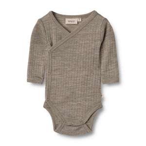 Wheat Woll-Seide-Wickelbody Langarm Willow in Khaki Melange