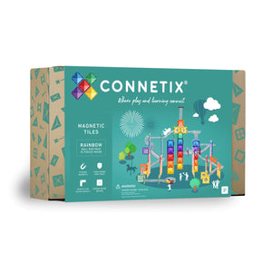 Connetix Magnetbausteine „Rainbow Ball Run Pack“ – 92-teiliges Kugelbahn-Set mit transparenten Röhren, Magnetplatten und Kugeln in bunten Regenbogenfarben.