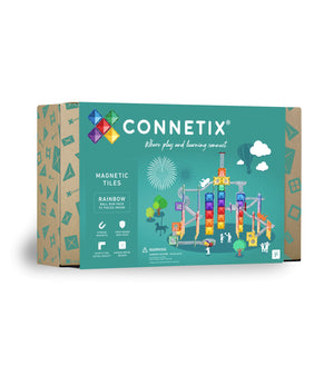 Connetix Magnetbausteine „Rainbow Ball Run Pack“ – 92-teiliges Kugelbahn-Set mit transparenten Röhren, Magnetplatten und Kugeln in bunten Regenbogenfarben.