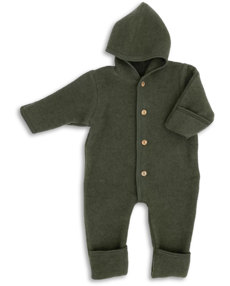 „Engel Wollfleece Overall mit Kapuze in Reed Melange – Baby-Overall aus Merino-Schurwolle mit Holzknöpfen, nachhaltig & fair produziert in Deutschland“