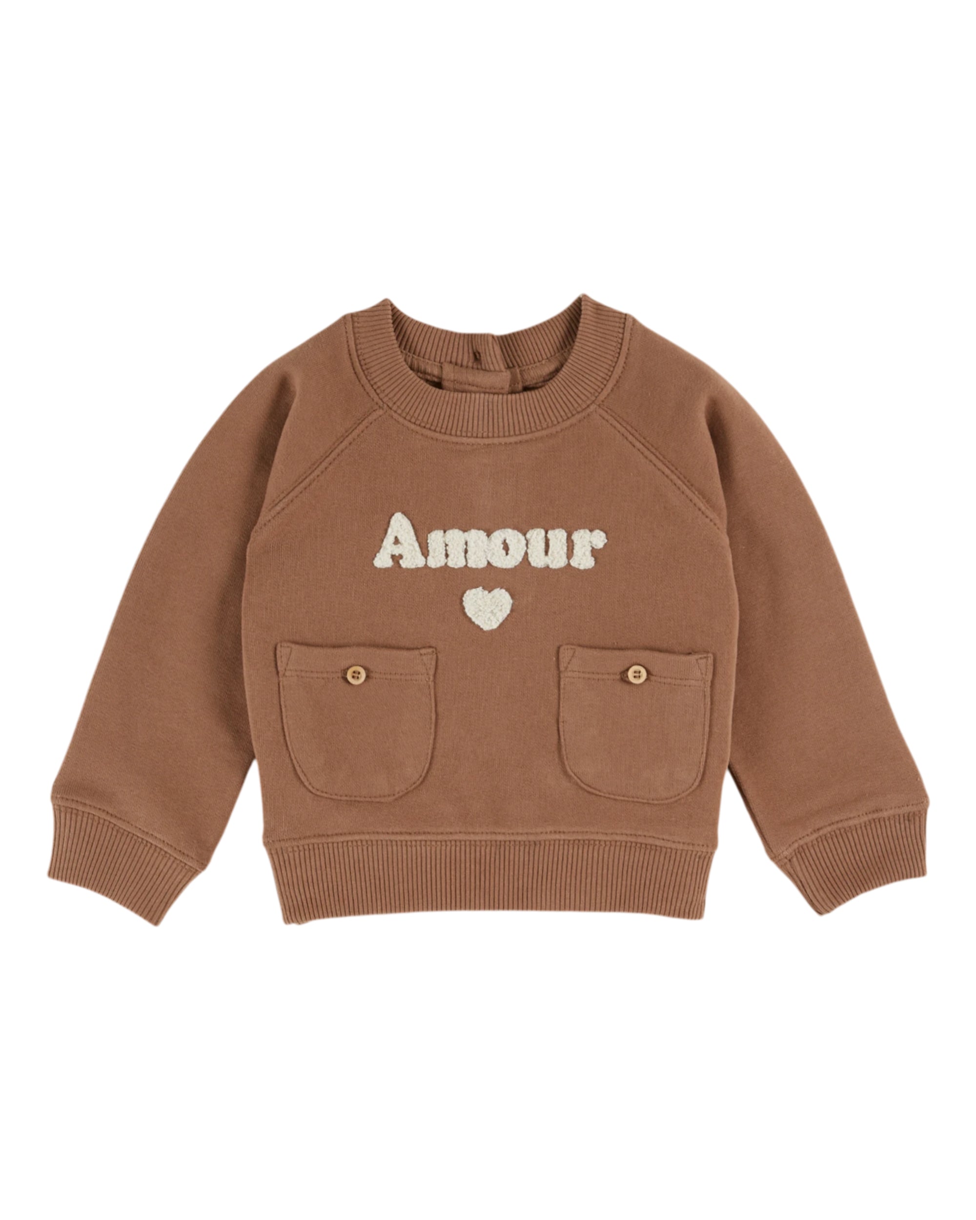 Baby-Sweatshirt in Kaffee von Emile et Ida mit „Amour“-Stickerei, Bio-Baumwolle, geknöpfte Taschen und Rückseite