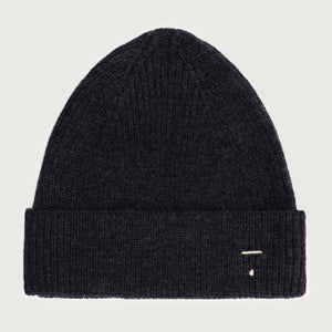 Gray Label Merinowoll-Mütze in Black Melange mit Umschlag, Fischgrätenband und gesticktem Logo, aus 100 % RWS-zertifizierter Merinowolle.