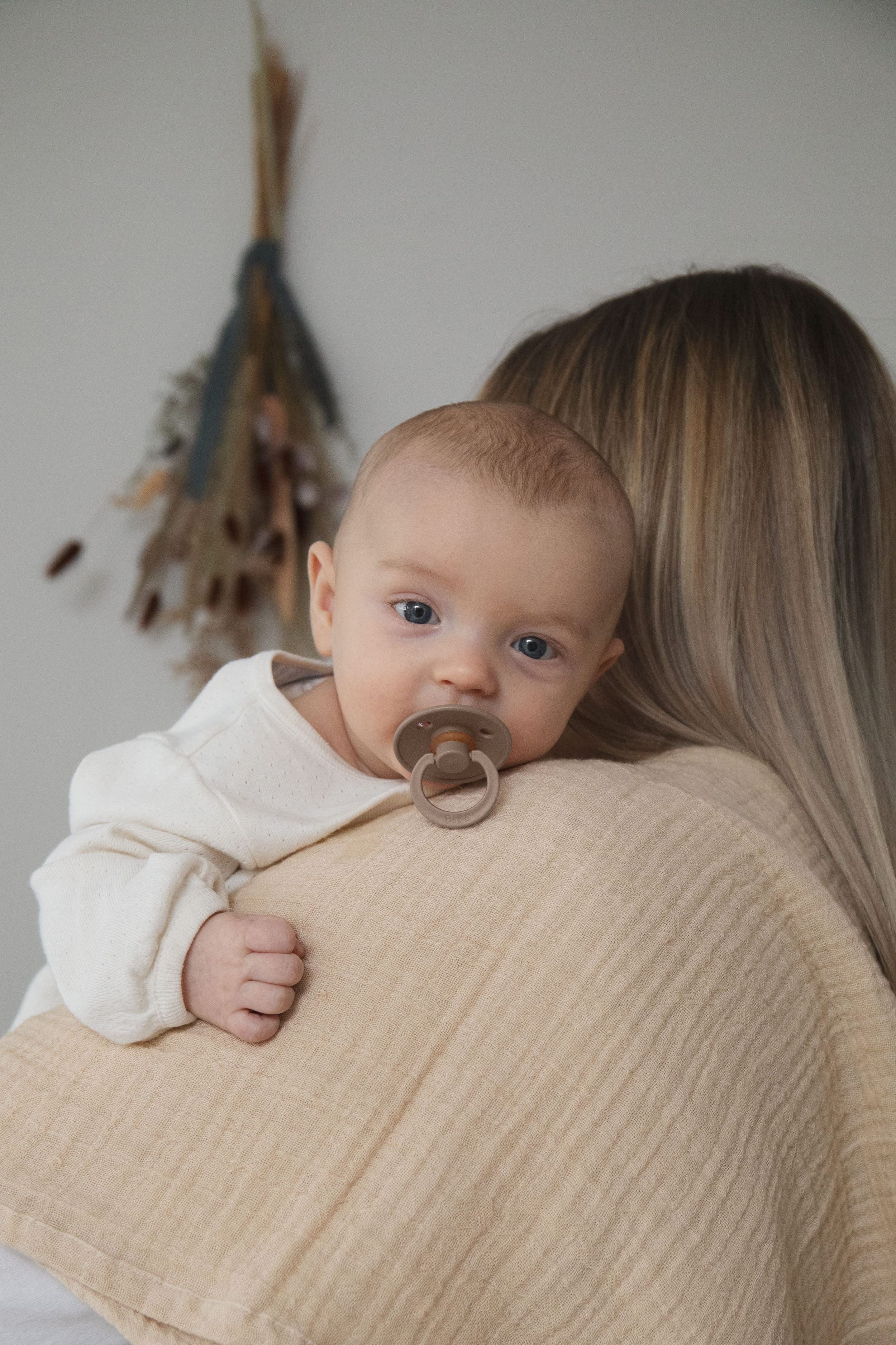 BIBS Colour Round Latex Schnuller 0–6M Ivory/Sage im 2er Pack – runder Naturlatex-Sauger mit leichtem, hautfreundlichem PP-Schild.