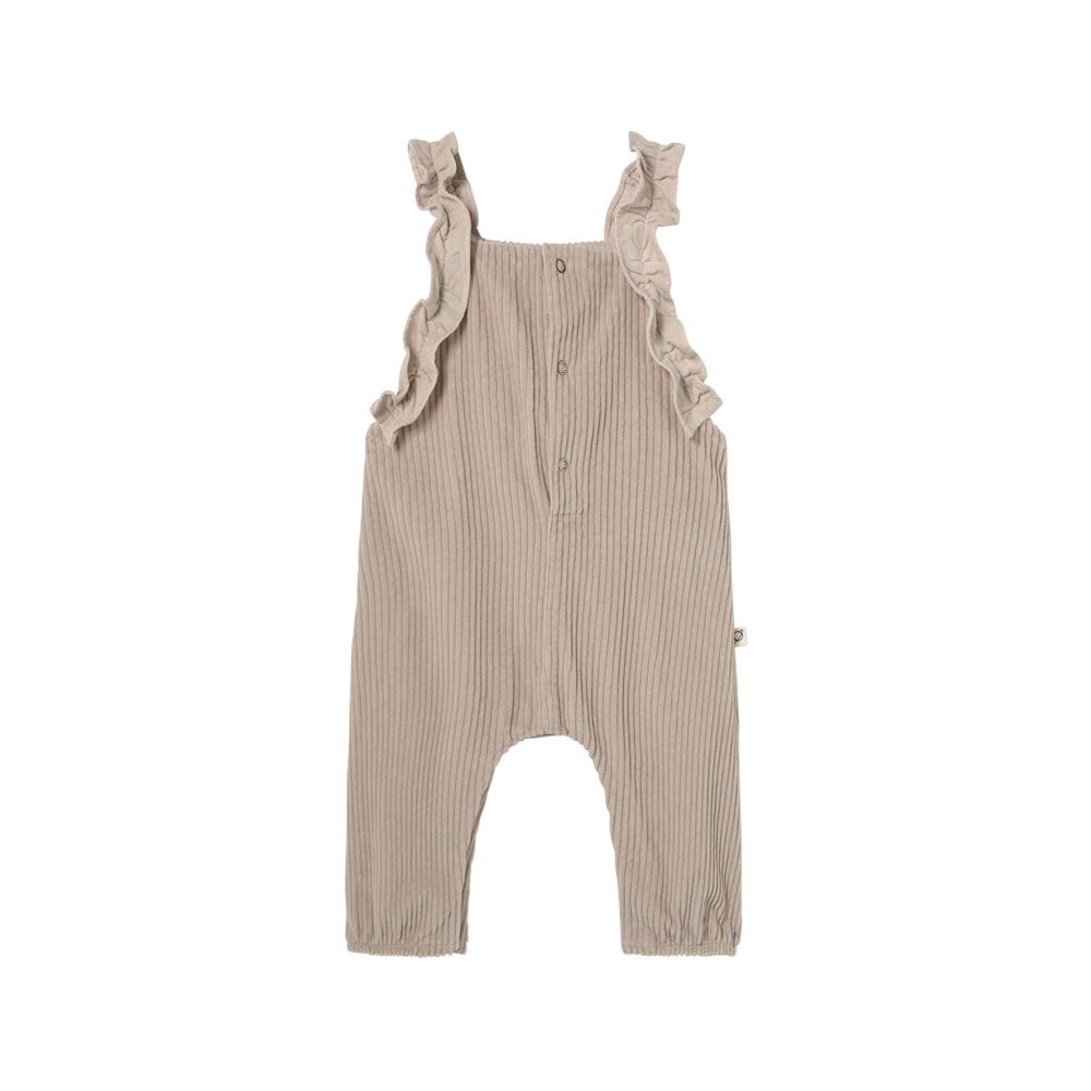 Baby-Latzhose aus weichem Breitcord in Stone mit Rüschendetail – Cozmo