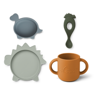 Liewood Kindergeschirrset "Vivi" im Safari Sandy Mix – 4-teiliges Set aus Silikon mit Tiermotiven, ideal für Babys und Kleinkinder.