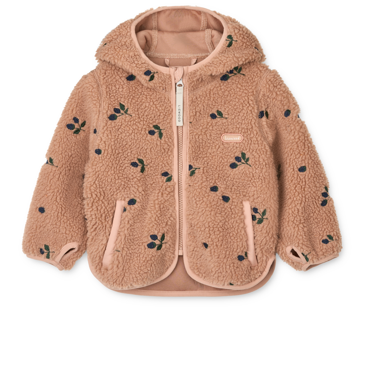 Liewood Kinderjacke Mara Pile in Beere mit zarter Pale Tuscany Stickerei – kuschelige Fleecejacke für kühle Tage.