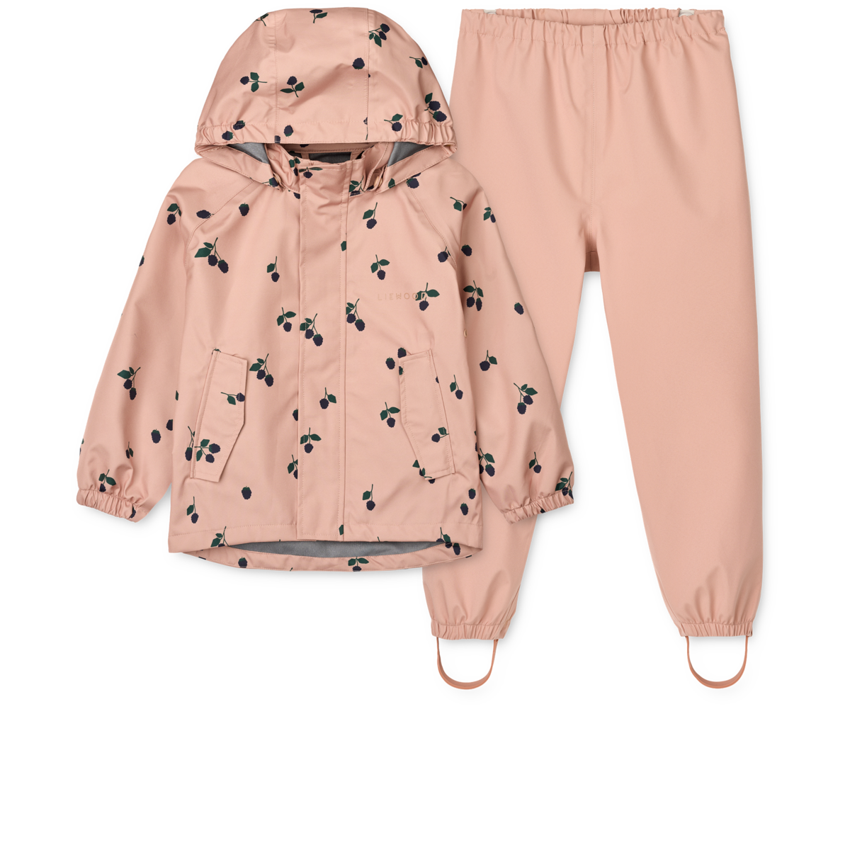 Liewood Softshell Regenset Pedia in Berry mit Pale Tuscany Details – wasserabweisende, winddichte Jacke und Hose für Kinder.