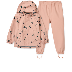 Liewood Softshell Regenset Pedia in Berry mit Pale Tuscany Details – wasserabweisende, winddichte Jacke und Hose für Kinder.