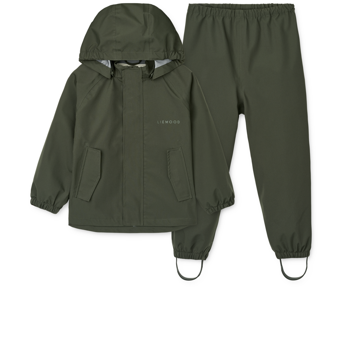 Liewood Regenset Pedia in Hunter Green – wasserdichte, winddichte Jacke und Hose für Kinder, ideal für nasses Wetter.