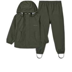 Liewood Regenset Pedia in Hunter Green – wasserdichte, winddichte Jacke und Hose für Kinder, ideal für nasses Wetter.