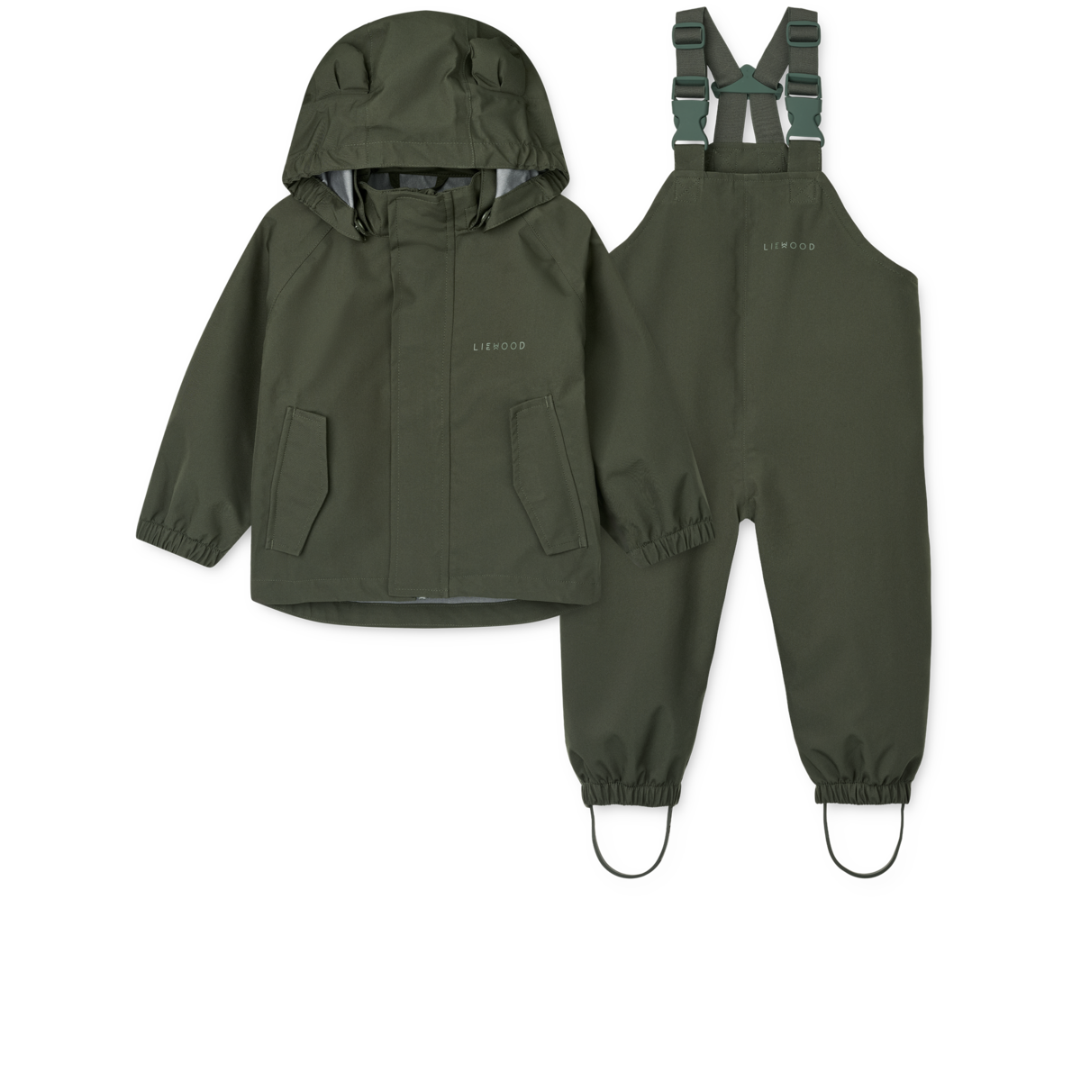 Liewood Regenset Manu in Hunter Green – wasserdichte Kinderjacke mit passender Regenhose, ideal für Alltag und Outdoor-Abenteuer bei Regen.
