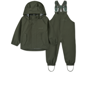 Liewood Regenset Manu in Hunter Green – wasserdichte Kinderjacke mit passender Regenhose, ideal für Alltag und Outdoor-Abenteuer bei Regen.