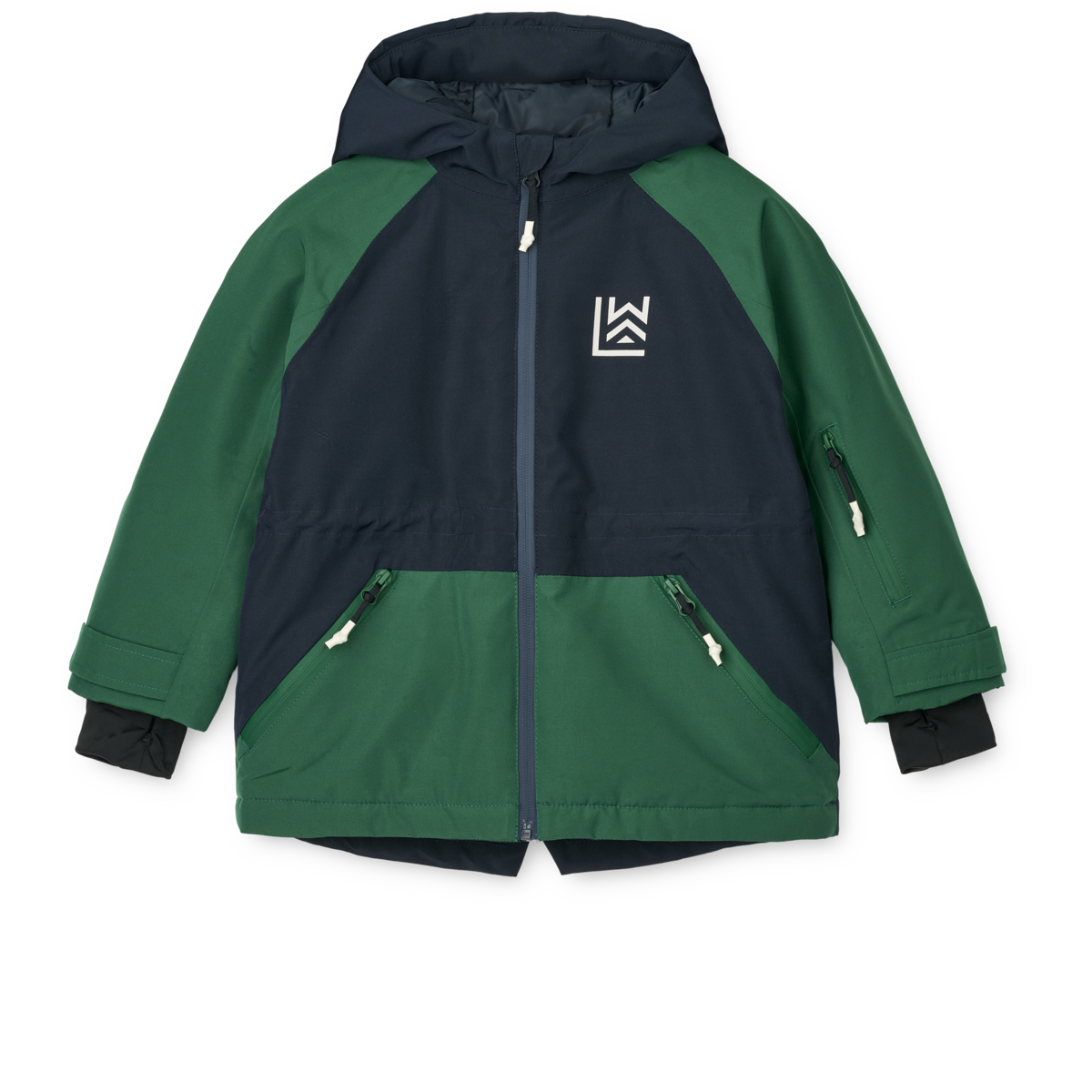 Kinder-Winterjacke „Kalle“ von Liewood in Navy und Grün mit wasserdichter Beschichtung, THERMOLITE®-Futter und Skikartentasche