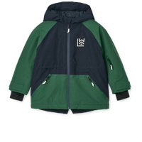 Kinder-Winterjacke „Kalle“ von Liewood in Navy und Grün mit wasserdichter Beschichtung, THERMOLITE®-Futter und Skikartentasche