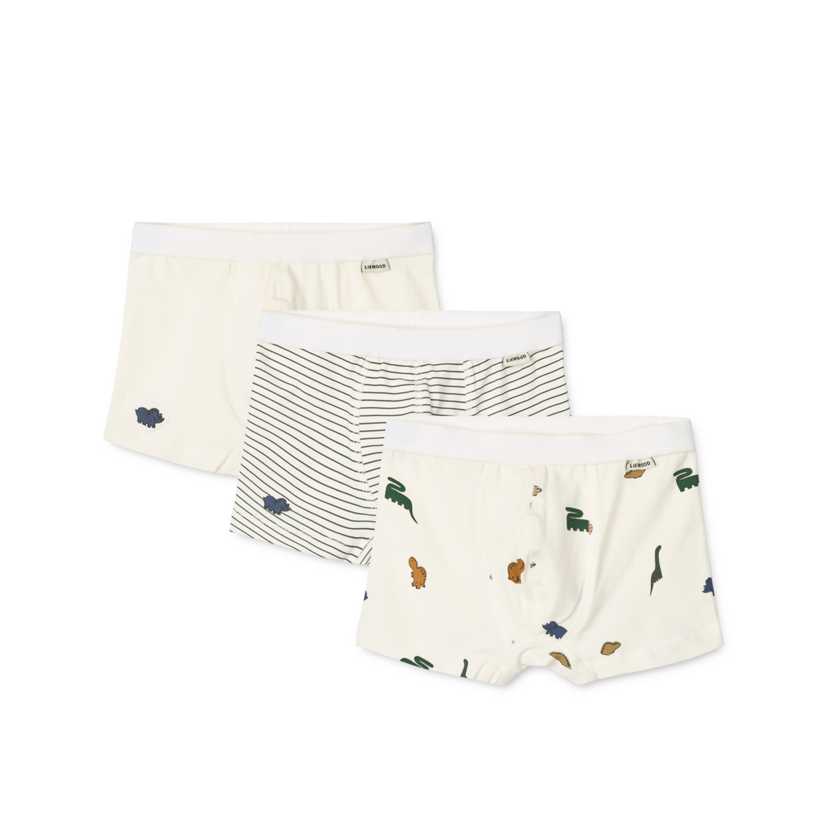 „3er-Pack Liewood Kinder-Boxershorts ‚Marvin‘ mit Mini-Dinosaurier-Muster in Cremefarben auf weißem Hintergrund – nachhaltige Bio-Baumwolle“