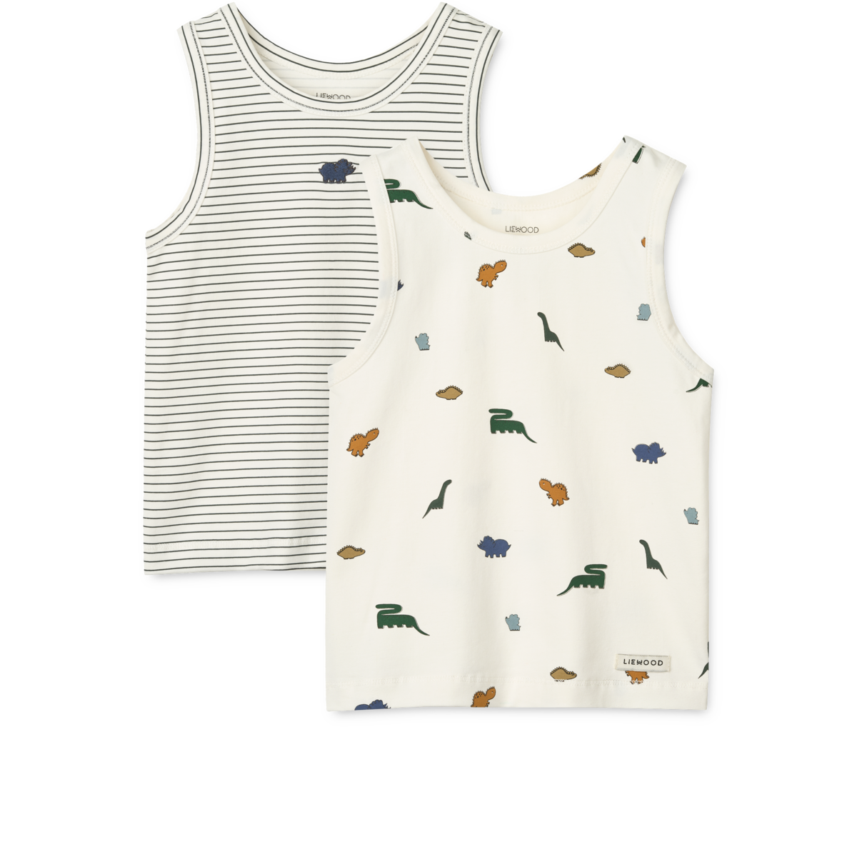 „Liewood Tank-Top 2er-Pack ‚Faris‘ – Mini Dinosaurs Creme & Stripe Mix aus 100 % Bio-Baumwolle für Kinder“
