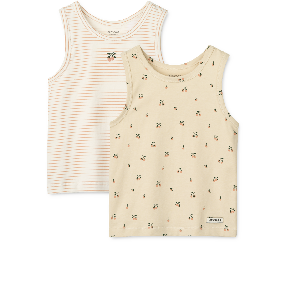„Liewood Tank-Top 2er-Pack ‚Faris‘ mit Mini Peach Print in Sea Shell & Streifen – Bio-Baumwolle, ärmellos & sommerlich für Kinder“