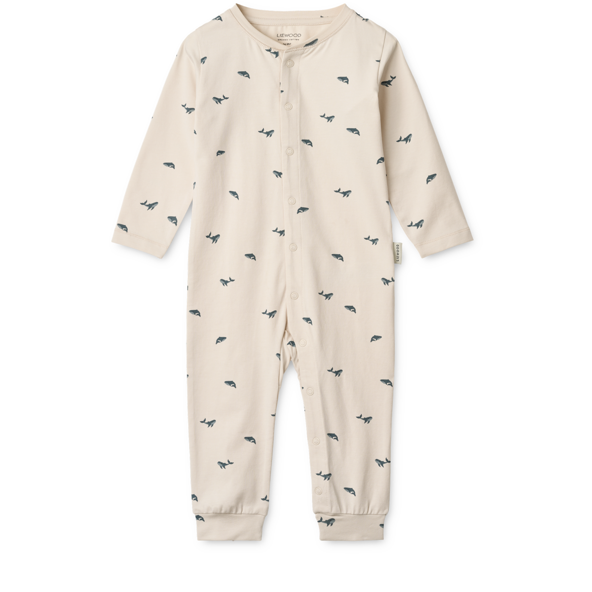 Liewood Jumpsuit Birk in Sandy mit Mini-Whale-Print – weicher Einteiler aus Bio-Baumwolle für Babys