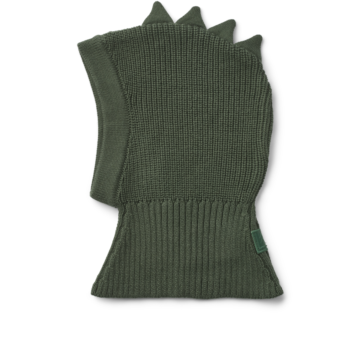 Liewood Balaclava "Hanibal" Dino in Hunter Green – warme Kinder-Sturmkappe mit Dino-Stacheln aus Wolle und Bio-Baumwolle.