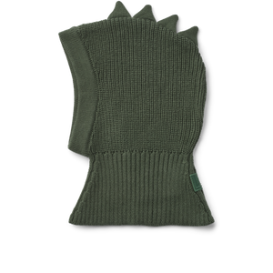 Liewood Balaclava "Hanibal" Dino in Hunter Green – warme Kinder-Sturmkappe mit Dino-Stacheln aus Wolle und Bio-Baumwolle.
