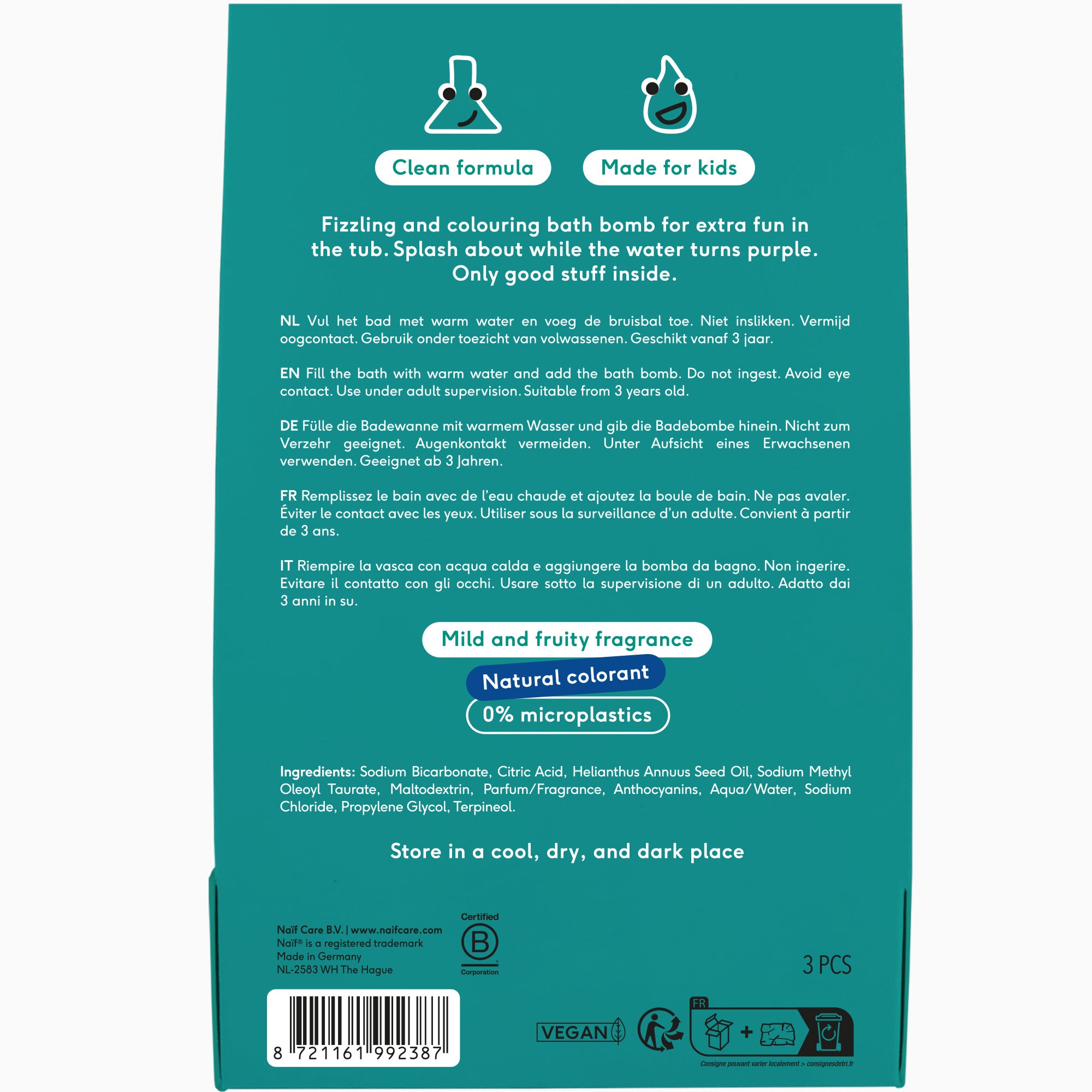 Naïf Kids Bath Bomb – gruene, sprudelnde Badebombe fuer Kinder in 100-g-Format, vegan und sanft zur Haut.