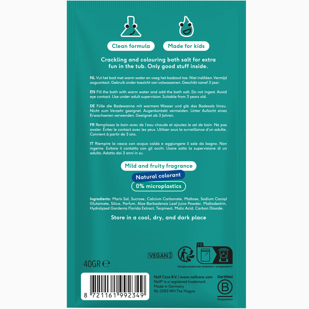 Naïf Kids Bath Salt – knisterndes, farbiges Badesalz fuer Kinder in 40-g-Beutel, vegan und sanft zur empfindlichen Haut.