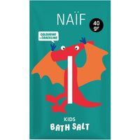 Naïf Kids Bath Salt – knisterndes, farbiges Badesalz fuer Kinder in 40-g-Beutel, vegan und sanft zur empfindlichen Haut.