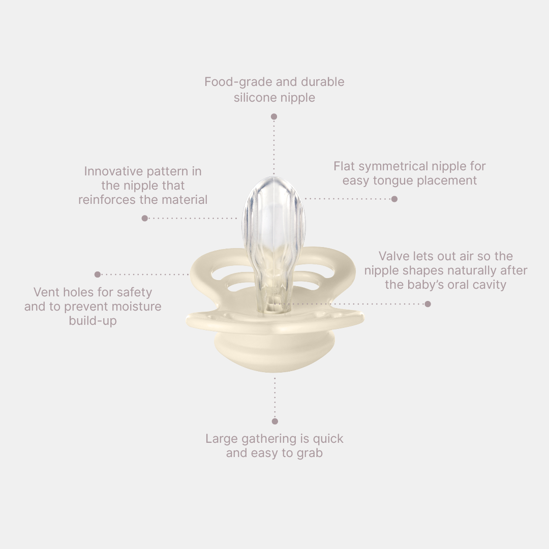 BIBS Supreme Silikon Schnuller 6–12 Monate 2er Pack Ivory/Sage – symmetrisches Saugteil mit breitem, belüftetem Schild und Glow-in-the-dark Effekt.