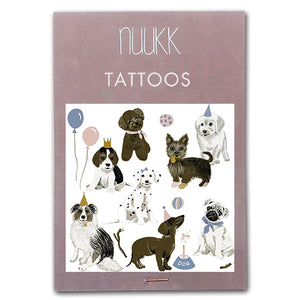 Nuukk Tattoos „Hunde“ – vegane, hautfreundliche Kindertattoos mit verschiedenen süßen Hunde-Motiven, nachhaltig produziert und dermatologisch getestet.