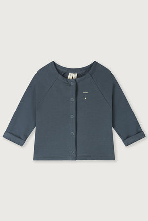 Gray Label Baby Raglan Cardigan Blue Gray, Bio-Baumwollfleece mit Elastan, Raglanärmel, Druckknopfverschluss, dezentes Logo