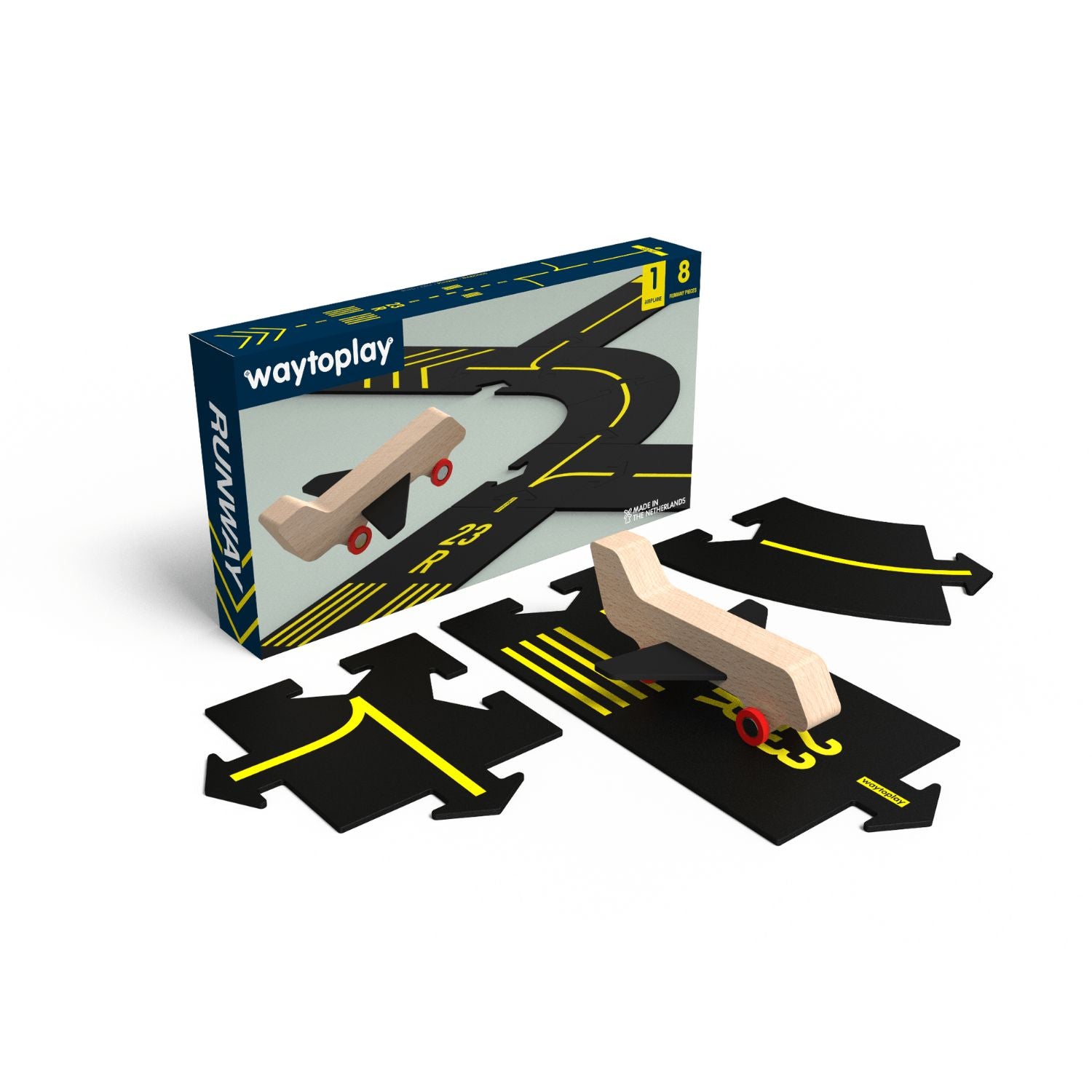 Waytoplay Runway Airport-Set mit 8 flexiblen Start- und Landebahnteilen – Spielset für Kinder mit Flugzeugen und Flughafenfahrzeugen.