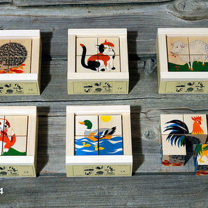 Atelier Fischer Würfelpuzzle 4-teilig, Haustiere mit Holzhintergrund