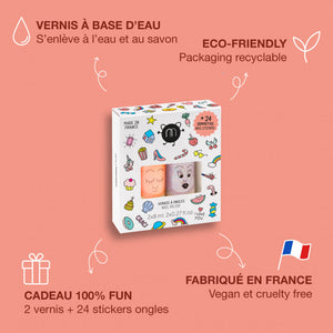 CRAC Kid Nail Polish Set – 2 bunte Nagellacke und 24 Nagelsticker für Kinder, vegan und cruelty-free