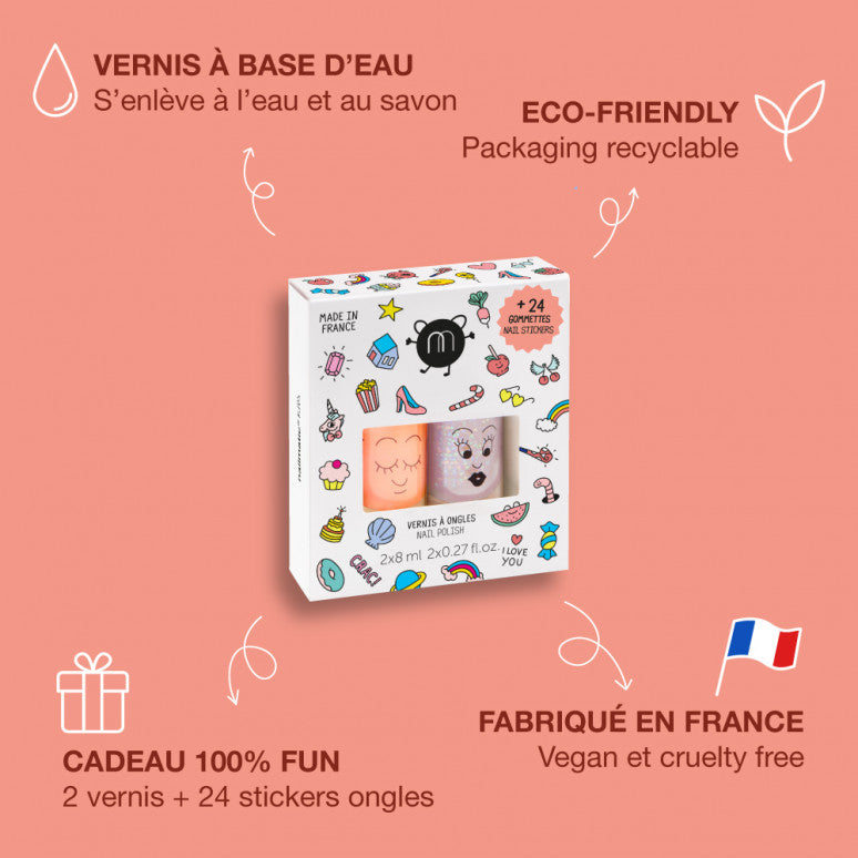 CRAC Kid Nail Polish Set – 2 bunte Nagellacke und 24 Nagelsticker für Kinder, vegan und cruelty-free