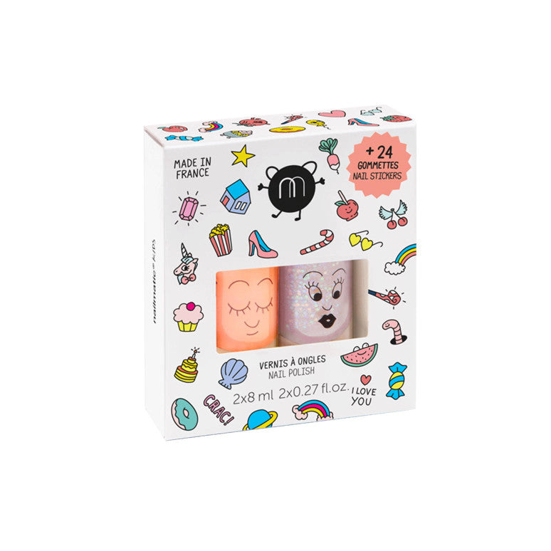 CRAC Kid Nail Polish Set – 2 bunte Nagellacke und 24 Nagelsticker für Kinder, vegan und cruelty-free