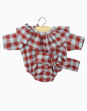 Barboteuse à col et bandeau "Colette" pour poupée Minikane Gordis | Vichy brun faon/givré