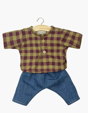 Minikane Gordis doll clothes set with jeans "Marien" | Vichy Olive/Bordeaux