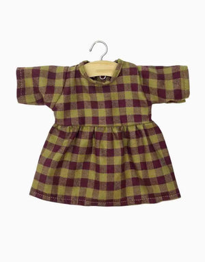 Minikane Gordis doll dress long-sleeve "Faustine" | Vichy Olive/Bordeaux