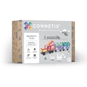 Connetix Magnetbausteine „Pastel Transport Pack“ – 50-teiliges Set mit Magnetplatten, Rädern und Zubehör in sanften Pastellfarben zum Bau von Fahrzeugen und Straßen.