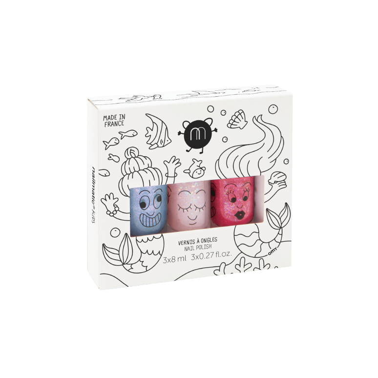Mermaid 3 Nail Polishes Set – 3 kinderfreundliche wasserbasierte Nagellacke: Merlin Blau, Polly klarer rosa Glitter, Sissi rosa Glitter, vegan und cruelty-free