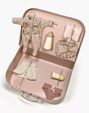 Minikane Babies Valise Vintage "Kit de Naissance" Fleurs Cacao
