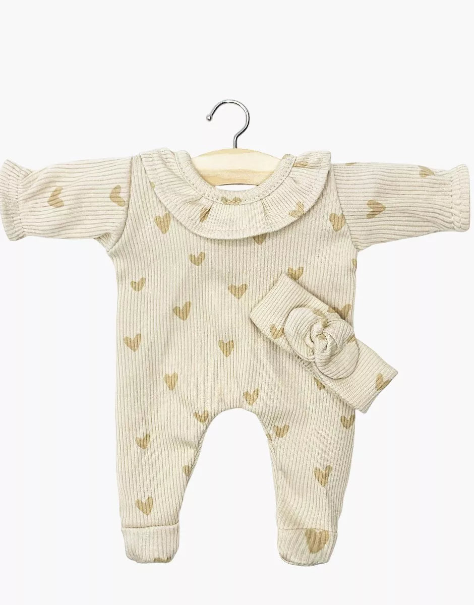 Babys Puppen-Outfit Schlaf gut Camille mit geripptem Strickstirnband und beigen Herzen