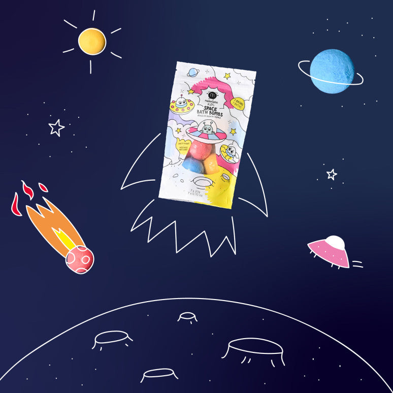 Space Mini Bath Bombs – 7 bunte Badebomben für Kinder ab 3 Jahren, dermatologisch getestet, mit pflegenden Ölen und Vitamin E